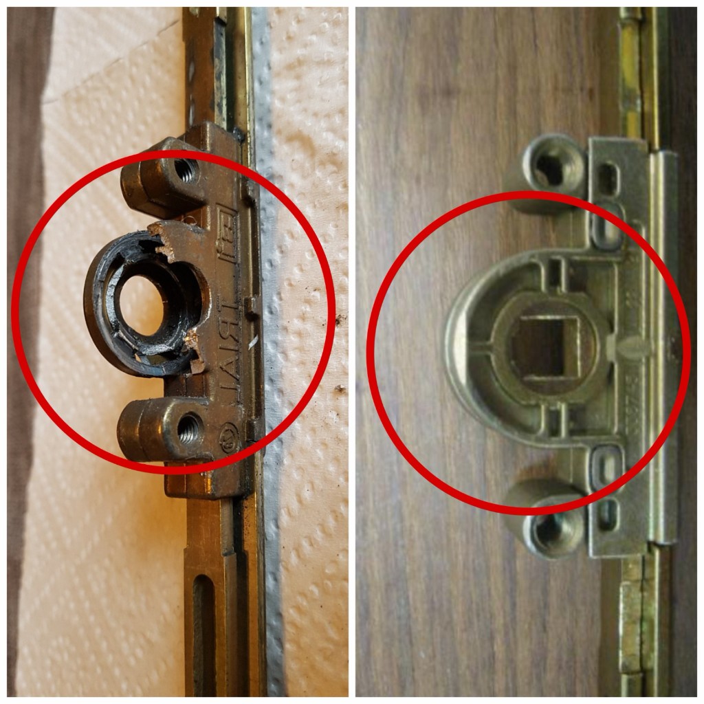 Defektes und intaktes Fenstergetriebe im Vergleich